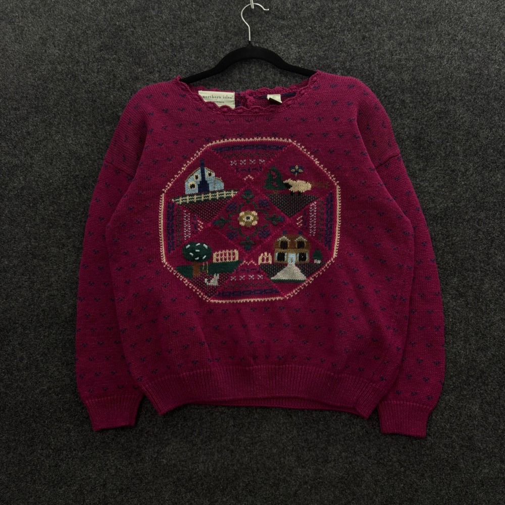 Northern Isles Vintage 80s Magenta Hand Embroidered Cottage Folk Sweater Large